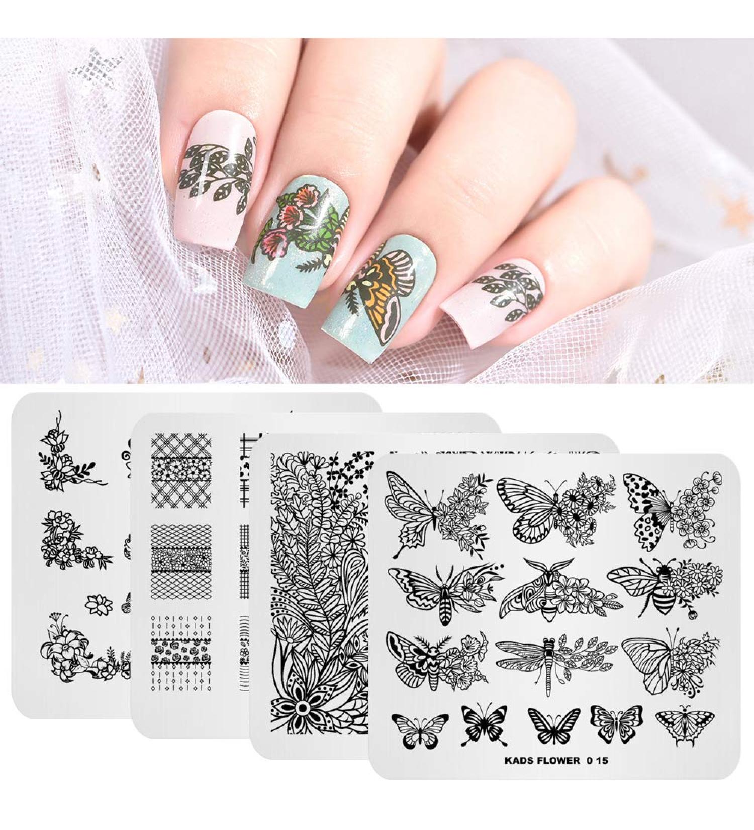 4-Piece Nail Art Stamping Plates - Floral Butterfly & Plaid Design Templates for Perfect Manicure - Multi-Pattern Stencil Tool - Buy Online on GoSupps.com