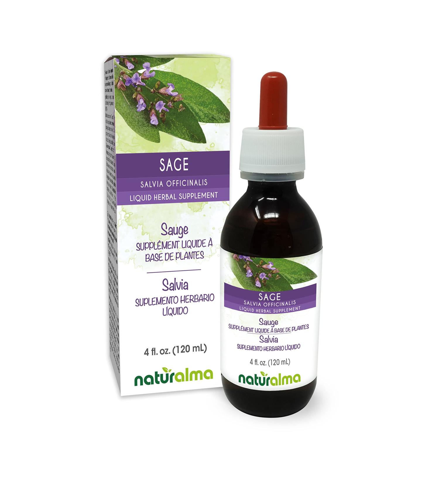 Sage (Salvia officinalis) Leaf Tincture Naturalma | 4 fl oz Liquid Extract | Herbal Supplement, Vegan, Italy - Alcohol-Free | 1 Count - Buy Online on GoSupps.com