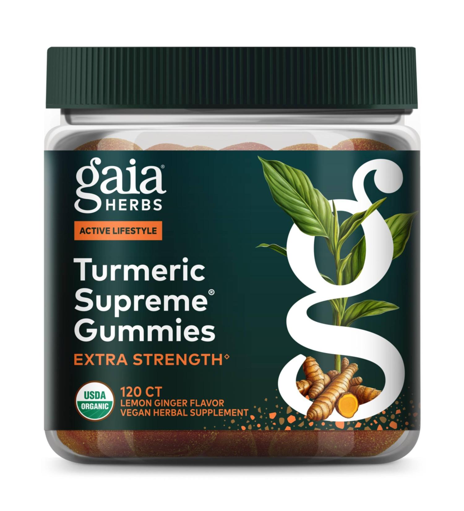 Gaia Herbs Turmeric Supreme Gummies Extra Strength - Supports Healthy Inflammatory Response in Healthy Individuals* - Lemon Ginger Flavor - 120 Vegan Organic Gummies (40 Servings) 120 Count (Pack of 1) - Buy Online on GoSupps.com