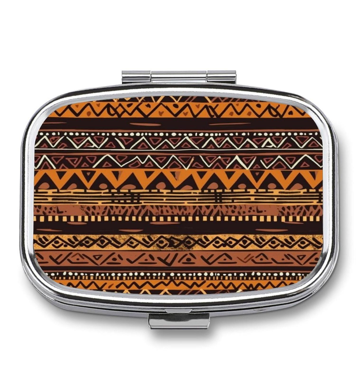 Pill Box African Mud Cloth - 2 Compartment Portable Medicine Organizer | Stylish Decorative Metal Pill Case for Pocket & Purse - Buy Online on GoSupps.com