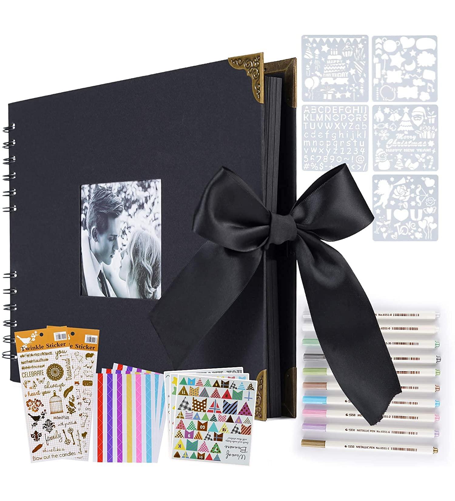 OLAI Scrapbook Photo Album 80 Pages DIY Craft Paper Book Set + Metal Pen - Black | Anniversary Wedding Graduation Travel Album - Buy Online on GoSupps.com