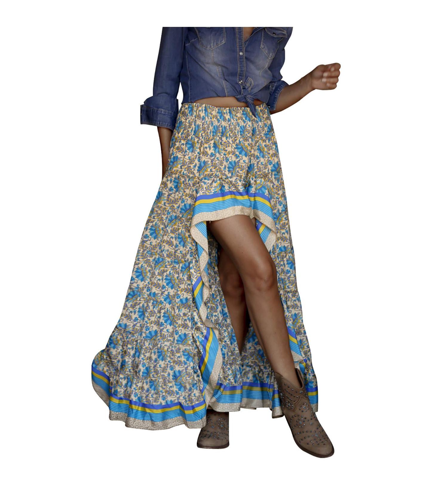 Sanahy Women Boho Floral Print High Low Maxi Skirt Dress - Blue - Buy Online on GoSupps.com