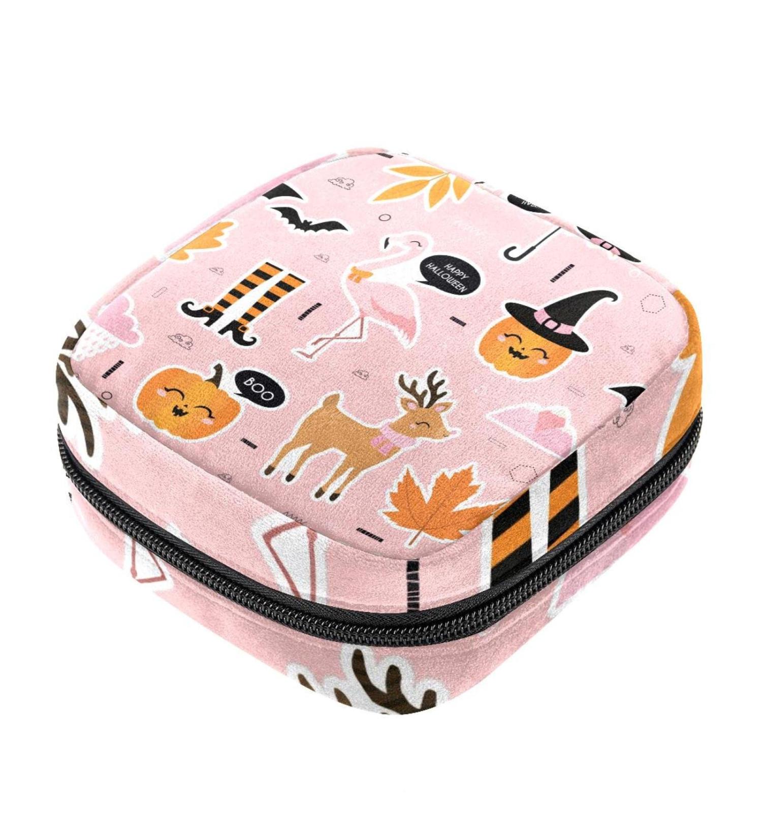 Stylish Menstruation Pad Bag with Zipper | Women's Napkin & Tampon Bags | Halloween Flamingo Hirsch & Pumpkin Designs - Buy Online on GoSupps.com