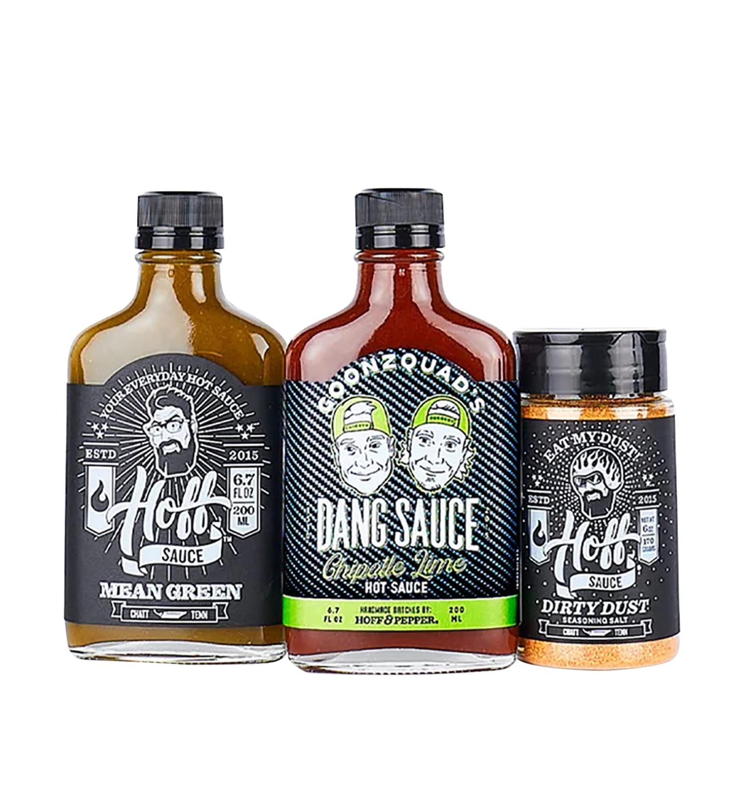 Hoff & Pepper Dangy Tangy Trio: Chipotle Lime Hot Sauce, Mean Green Jalapeno Habenero Hot Sauce, Dirty Dust Grill Seasoning - Buy Online on GoSupps.com