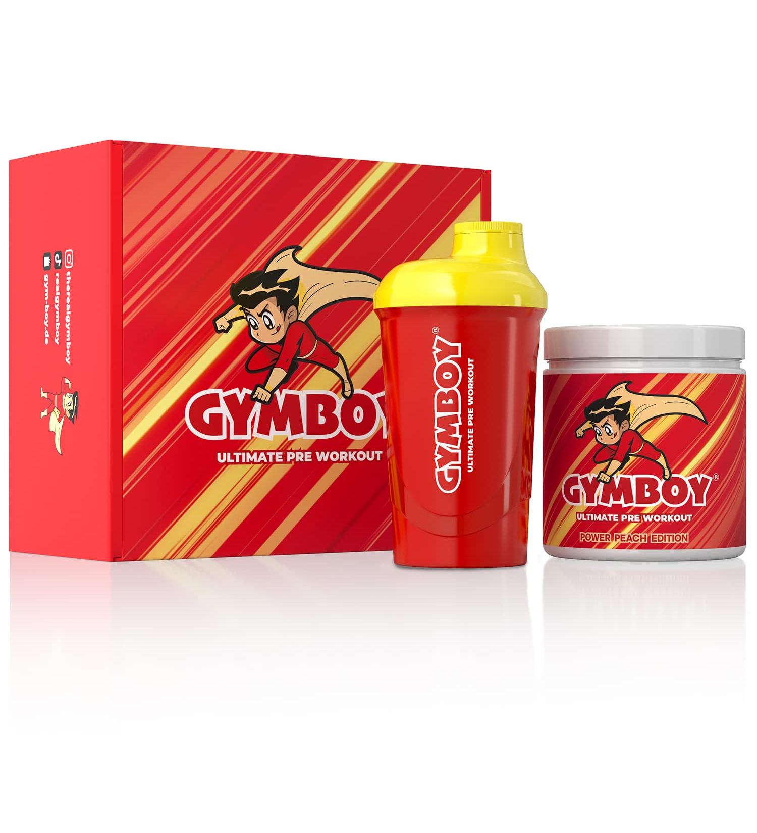 Buy GYMBOY GYMBUNDLE | Ultimate Pre Workout Power Peach Edition 392g + Pro Shaker Red | Boost Your Workout Energy - Buy Online on GoSupps.com