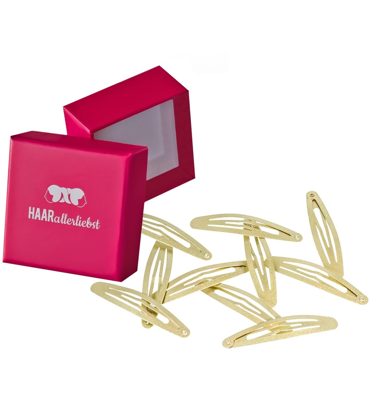 Hair -like hair clips oval large (10 pieces | gold shimmering | approx. 6cm) including box for storage (box color: pink)