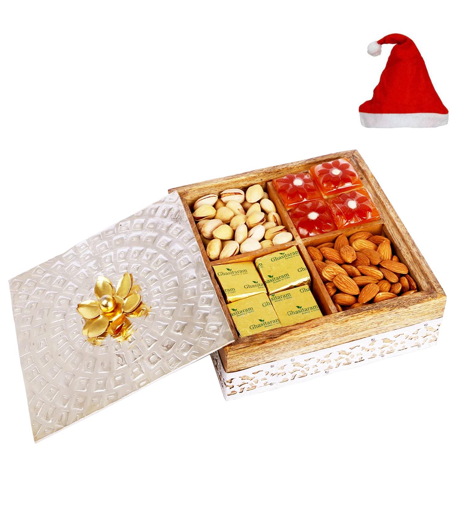 Jaiccha Ghasitaram Christmas Gifts Wooden Metal Box with Almonds Pistachios MEWA Bites and Mango Bites Box with Almonds Pista Mewa Bites Mango Bites Cap - Buy Online on GoSupps.com