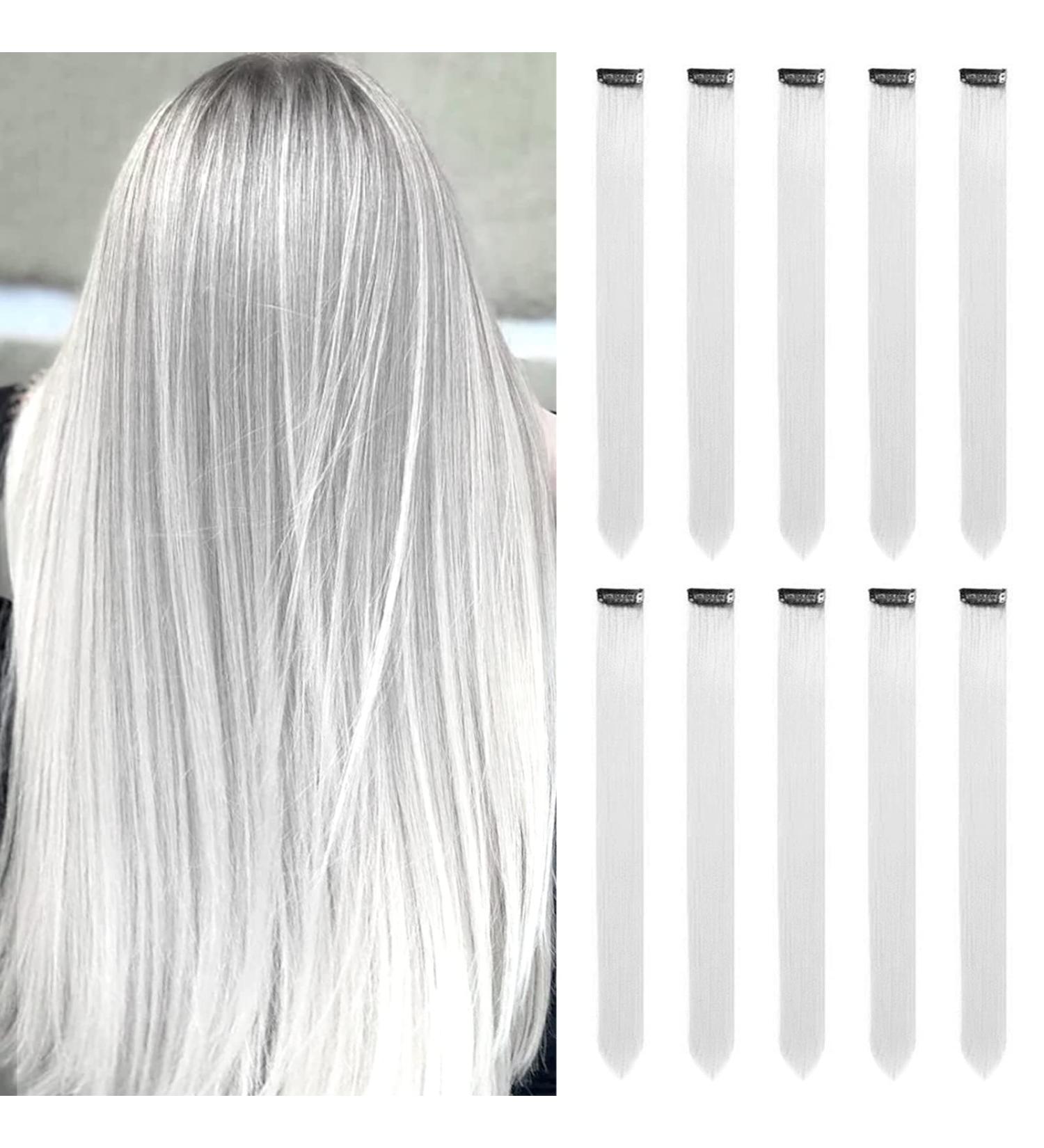 White Hair Extensions Clip In 22 Inch - Colorful Straight Hair for Party Highlights - Women's Hair Accessories (10 PCS White) - Buy Online on GoSupps.com
