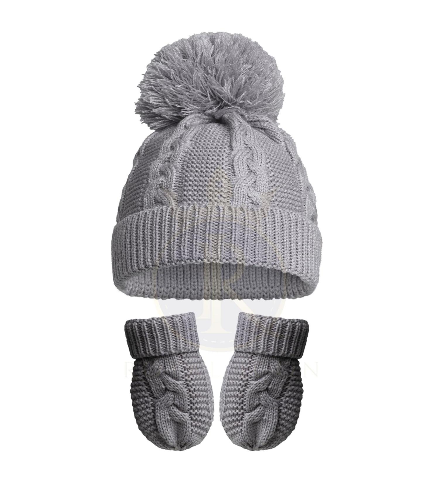 Royal Icon Baby Knitted Pom Pom Hat with Mittens Baby Boys Girls Winter Hat Mittens Set Cable Knit Single Pom Pom Bubble Hat Colours Available NB-12 Months RI6512 0-12 Months Grey