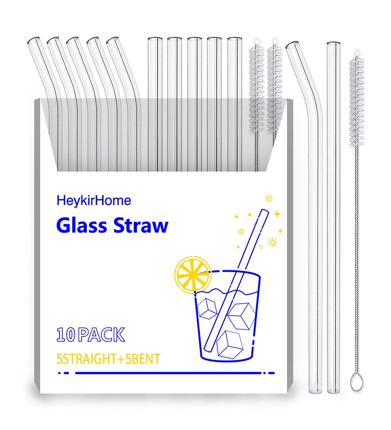 HeykirHome 10-Pack Disposable Glass Straw Size 8.5''x10 MM Including 5 Straight and 5 Bent with 2 Cleaning Brush- Perfect For Smoothies  Tea  Juice 10Pack+2Brushes - Buy Online on GoSupps.com