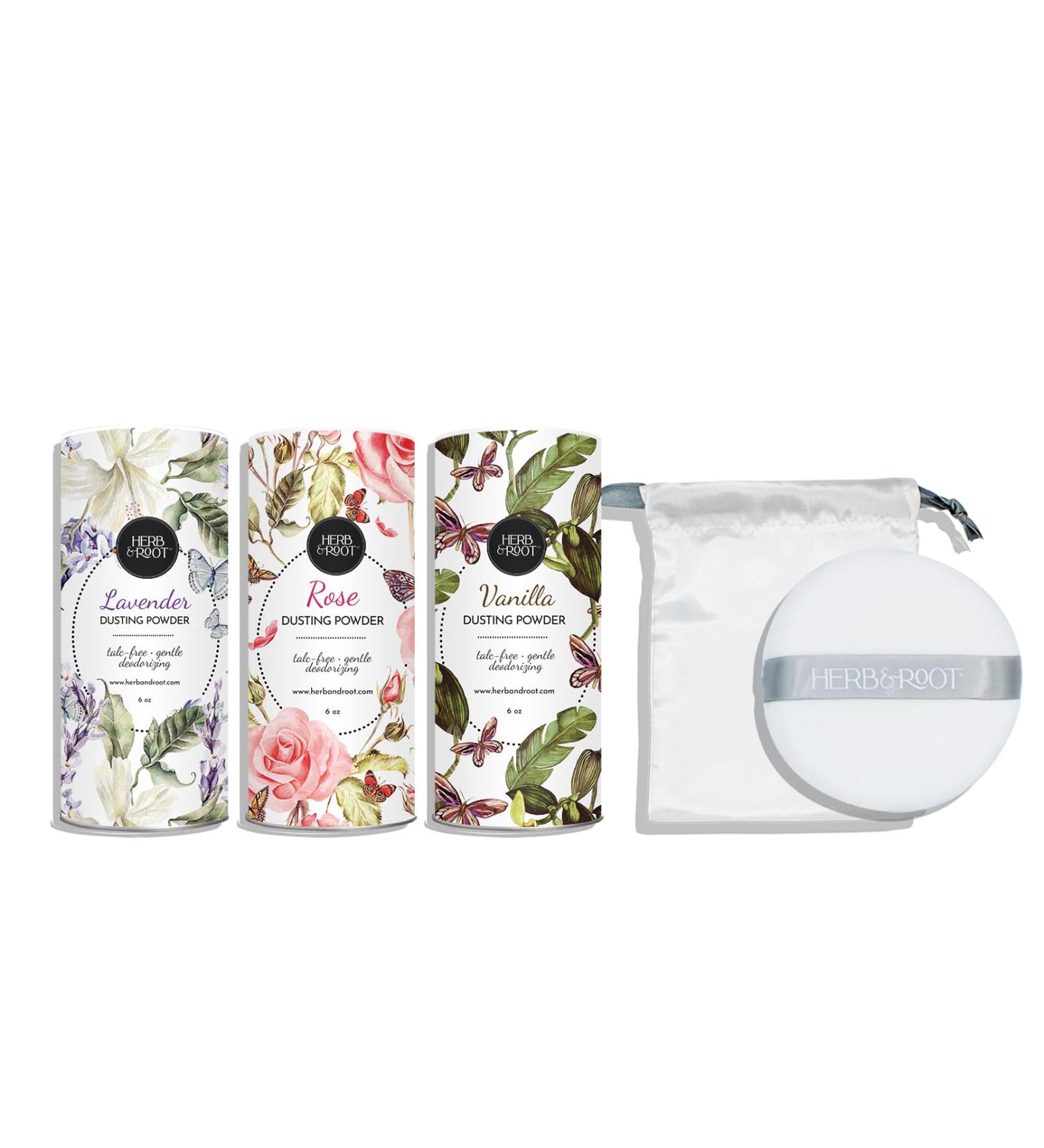Herb & Root Body Powder Gift Set 3 Talc-Free Scents: Lavender Rose Vanilla Large Puff Set with Puff - Buy Online on GoSupps.com