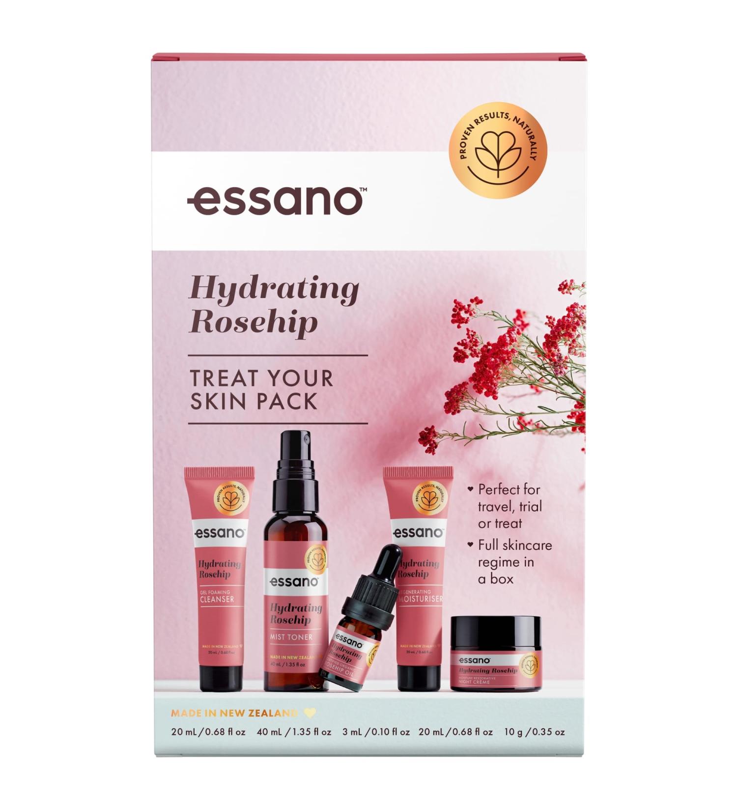 Essano Rosehip Oil Skin Care Set Treat Your Skin Travel Size Pack Includes Face Cleanser Mist Toner Rosehip Oil Face Moisturizer & Night Cream with Rosehip Oil Jojoba Oil Aloe Vera & Shea Butter - Buy Online on GoSupps.com
