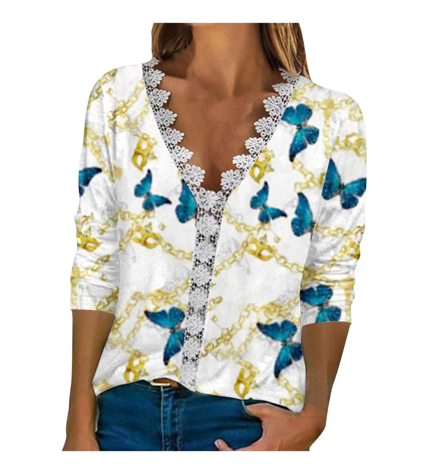 3/4 Length Sleeve Womens Tops Dressy Women's V Neck Lace Crochet Tunic Tops Flowy Casual Blouses Shirts for Fall Yellow#73 Medium - Buy Online on GoSupps.com