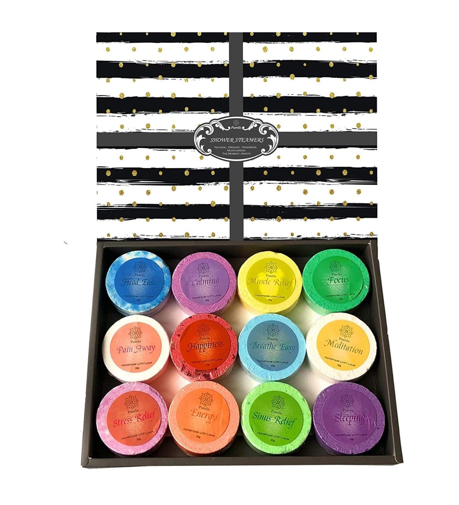 Purelis Shower Steamer Gift Box - Set of 12 Aromatherapy Bath Bombs, Organic Tablets with Essential Oils - Spa Gift Set - Buy Online on GoSupps.com