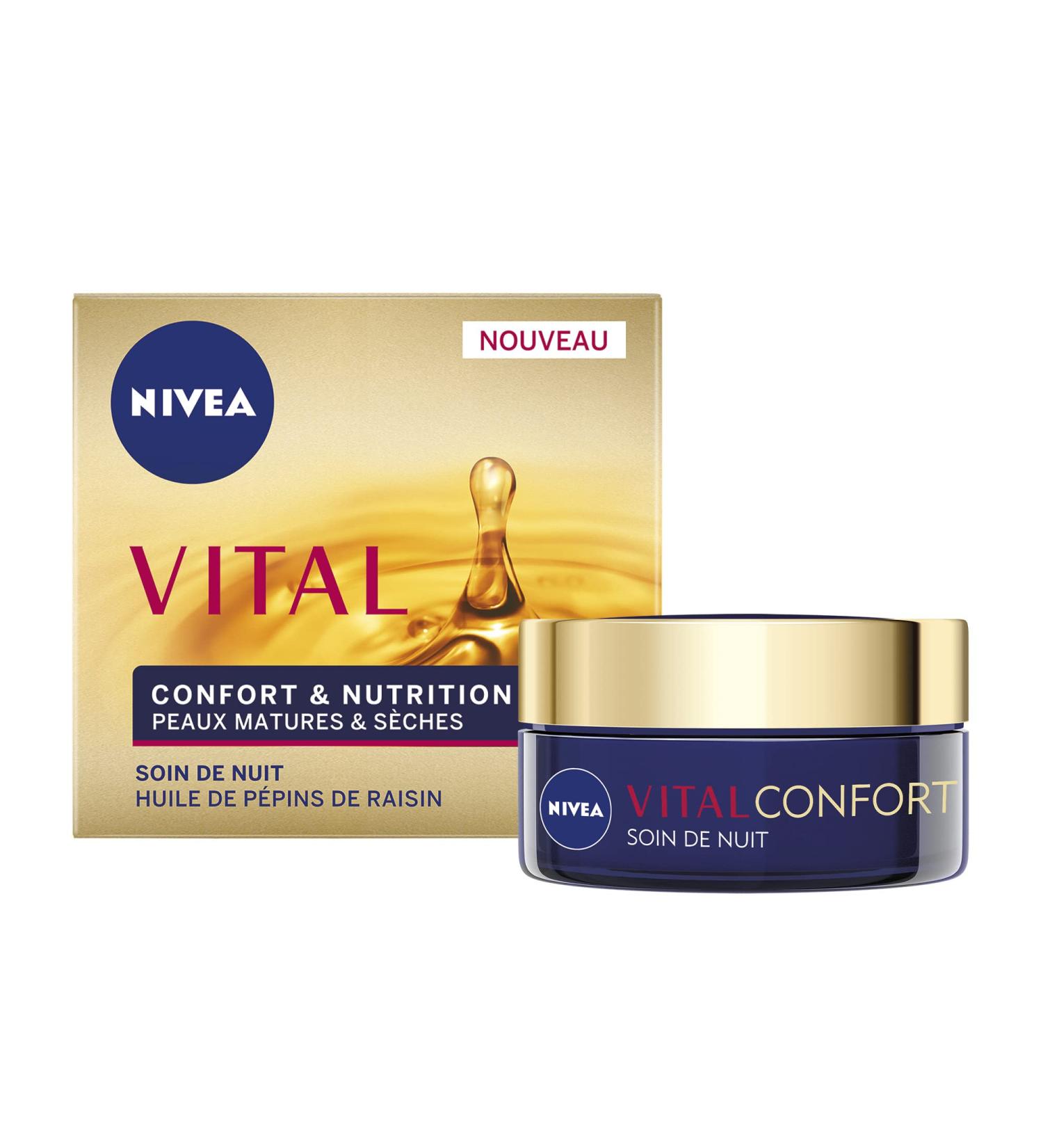 NIVEA Vital Comfort & Nutrition Night Care (1 x 50 ml) anti-aging cream enriched with Grape Seed Oil women's facial care for mature & dry skin - Buy Online on GoSupps.com