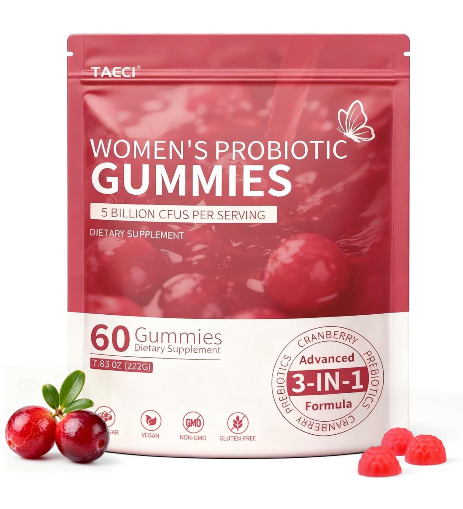 Taeci Cranberry Probiotic Gummies for Women Feminine pH & Flora Support, Yeast Balance & Freshness Aid with Vitamin C for Daily Wellness & Immune Support 60 Gummies - Buy Online on GoSupps.com