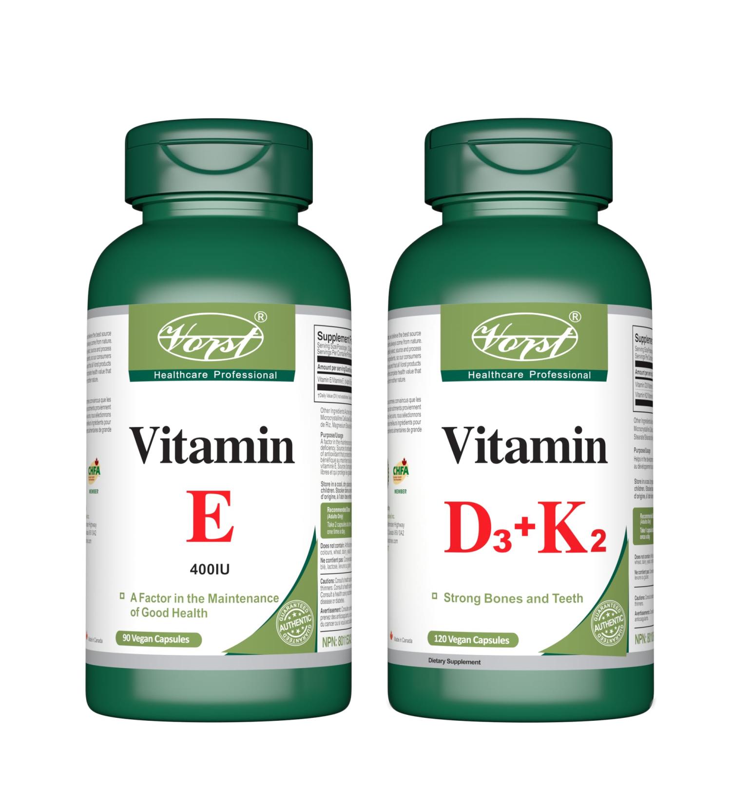 Vitamin E 400IU 90 Capsules and Vitamin D3 + K2 120 Capsules (Combo Bundle 2 Bottles) - Buy Online on GoSupps.com