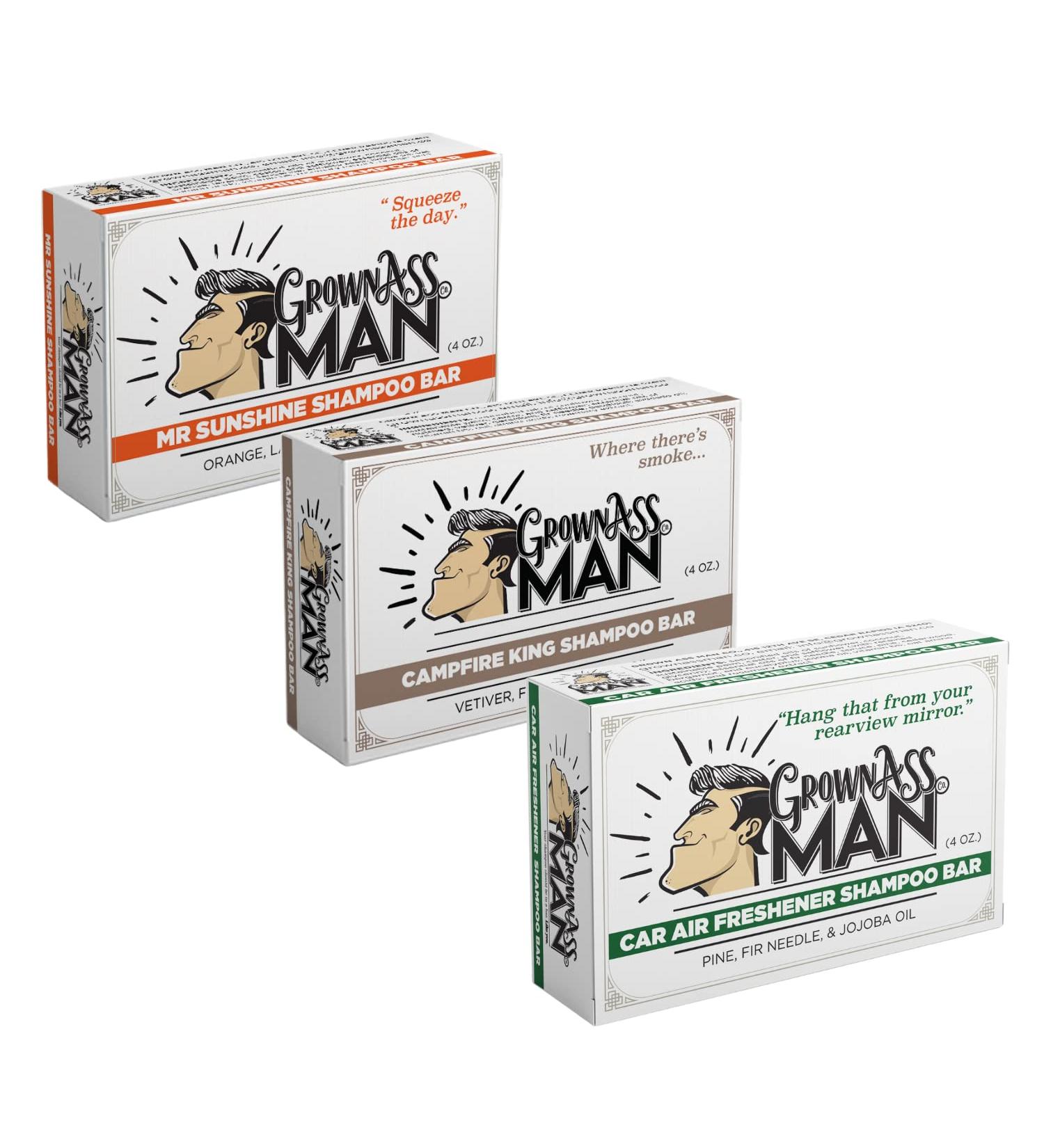 Grown Ass Man Co. - Solid Shampoo Bar Rich Lather 3 in 1: Hair, Beard & Body Wash - Plastic Free & Eco-Friendly, Natural & Organic for All Hair Types, 4oz Bar (Nature Lover, 3-Pack) Nature Lover 4 Ounce (Pack of 3)