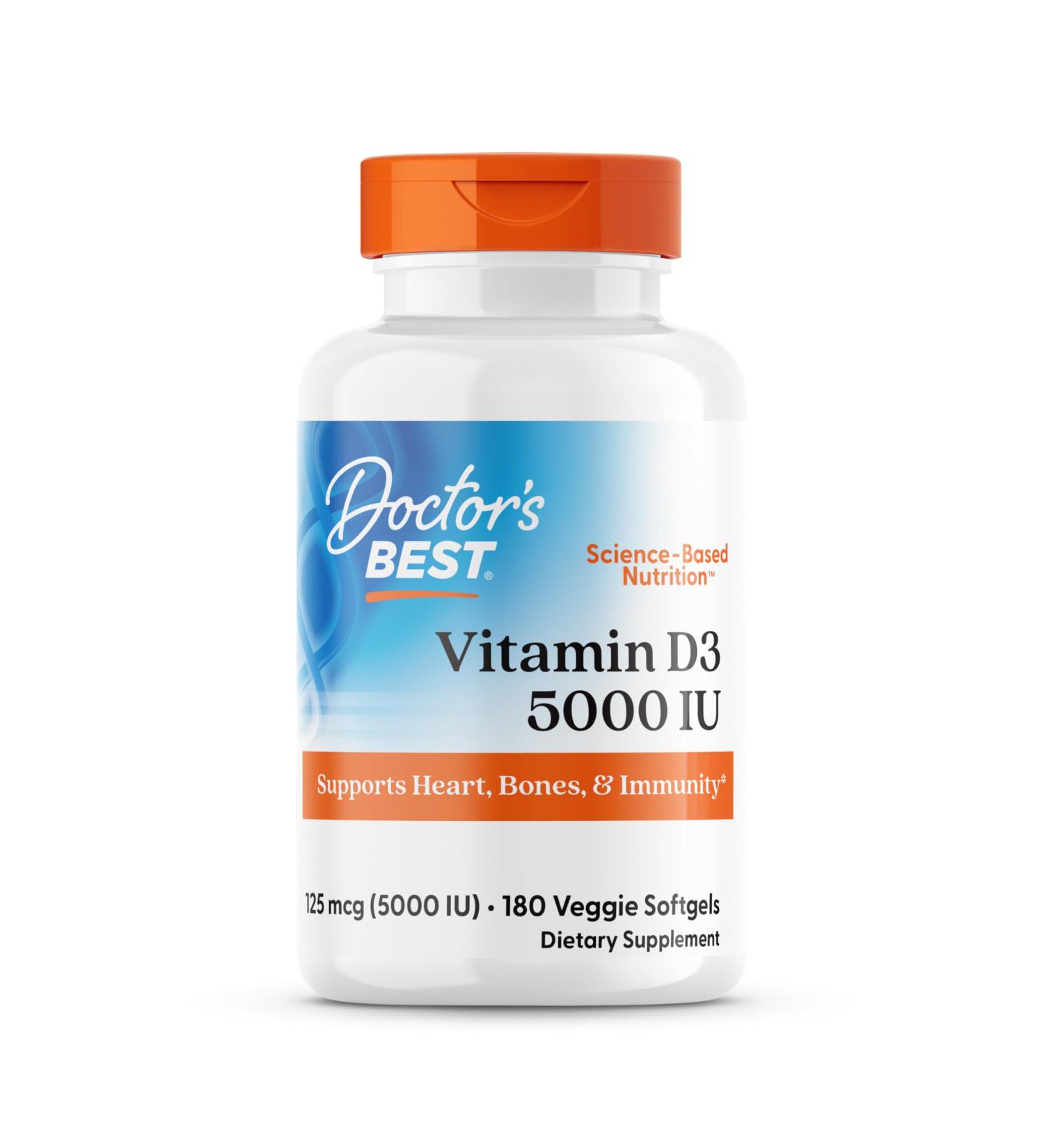 Doctors Best Vitamin D3 5000 IU Supports Heart Bones & Immunity Non-GMO Gluten Free Soy Free Vegetarian 180 Veggie Softgels - Buy Online on GoSupps.com