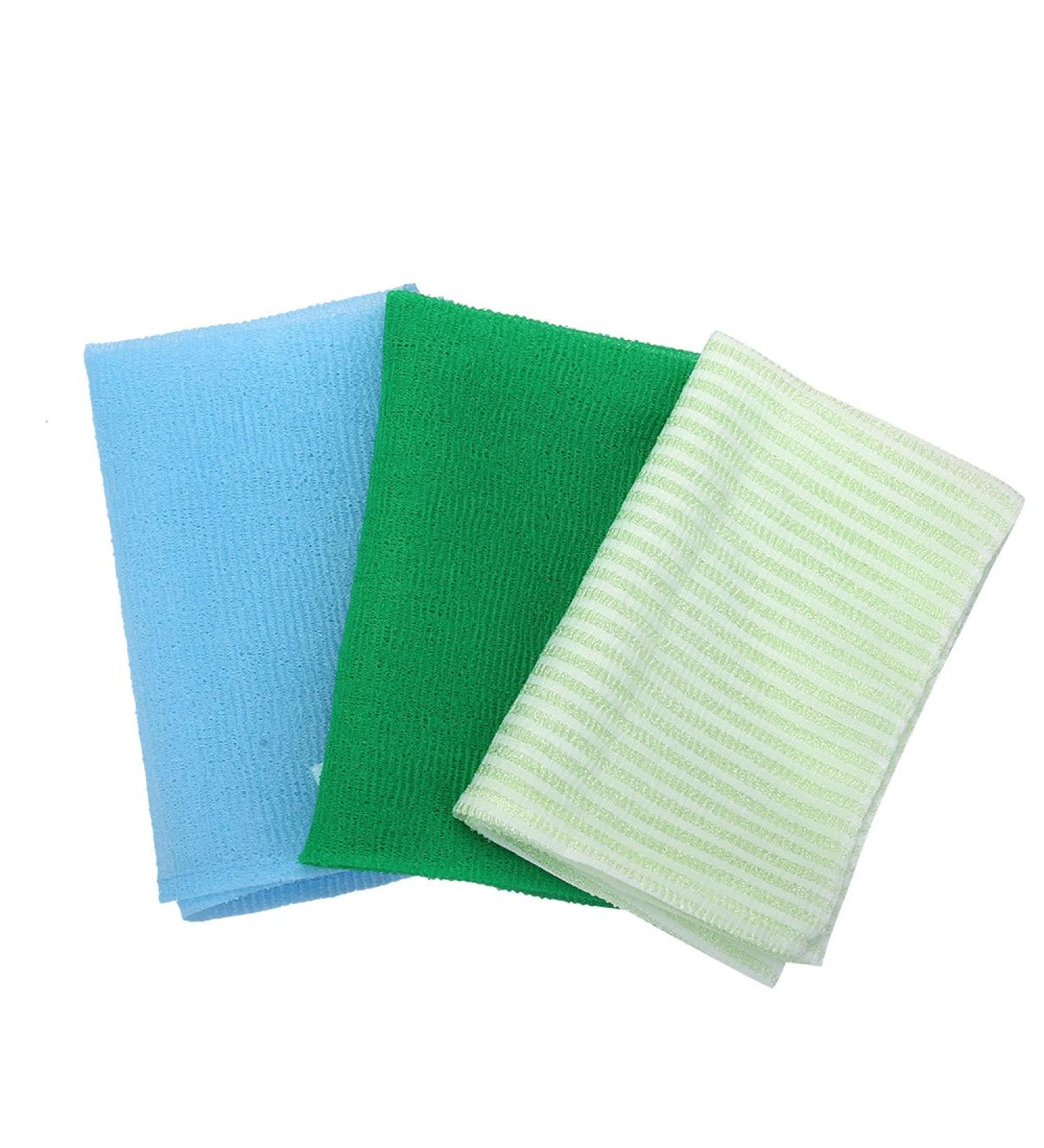 KAKOOI Long Exfoliating Nylon Bath Cloth Towel - Set of 3 Different Roughness Levels - 35 Inches - Blue, Green, Stripes - Buy Online on GoSupps.com