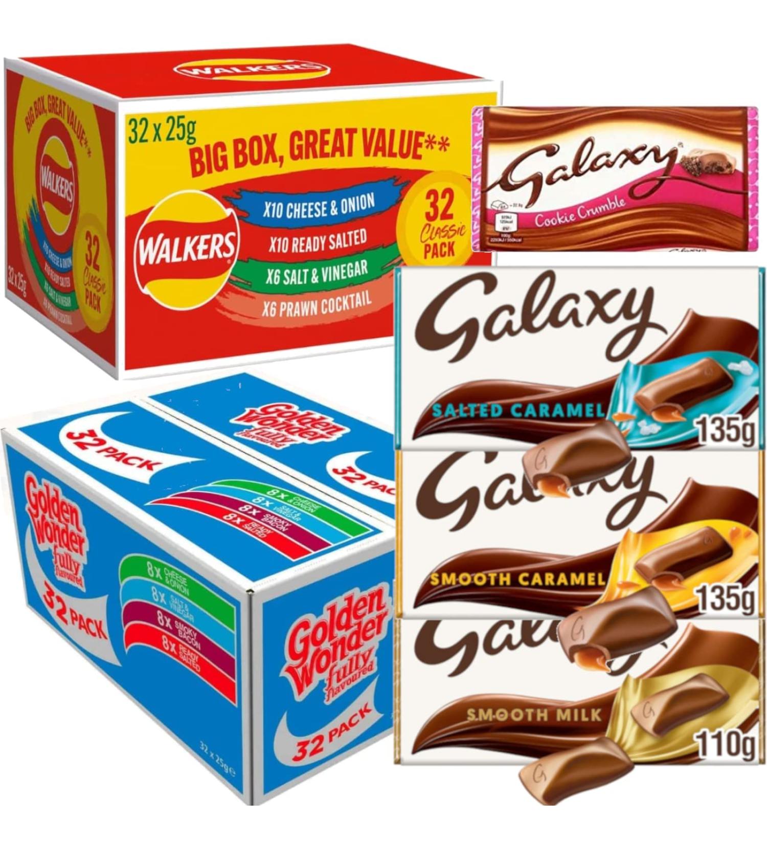 Golden Wonder Fully Flavoured Box And Walkers Box Cheese and Onion Salt and Vinegar Smoky Bacon Ready Salted Prawn Cocktails 32pkx25g Each Box/Total 64 Individual Bags With 4 Galaxy Chocolate Bars - Buy Online on GoSupps.com