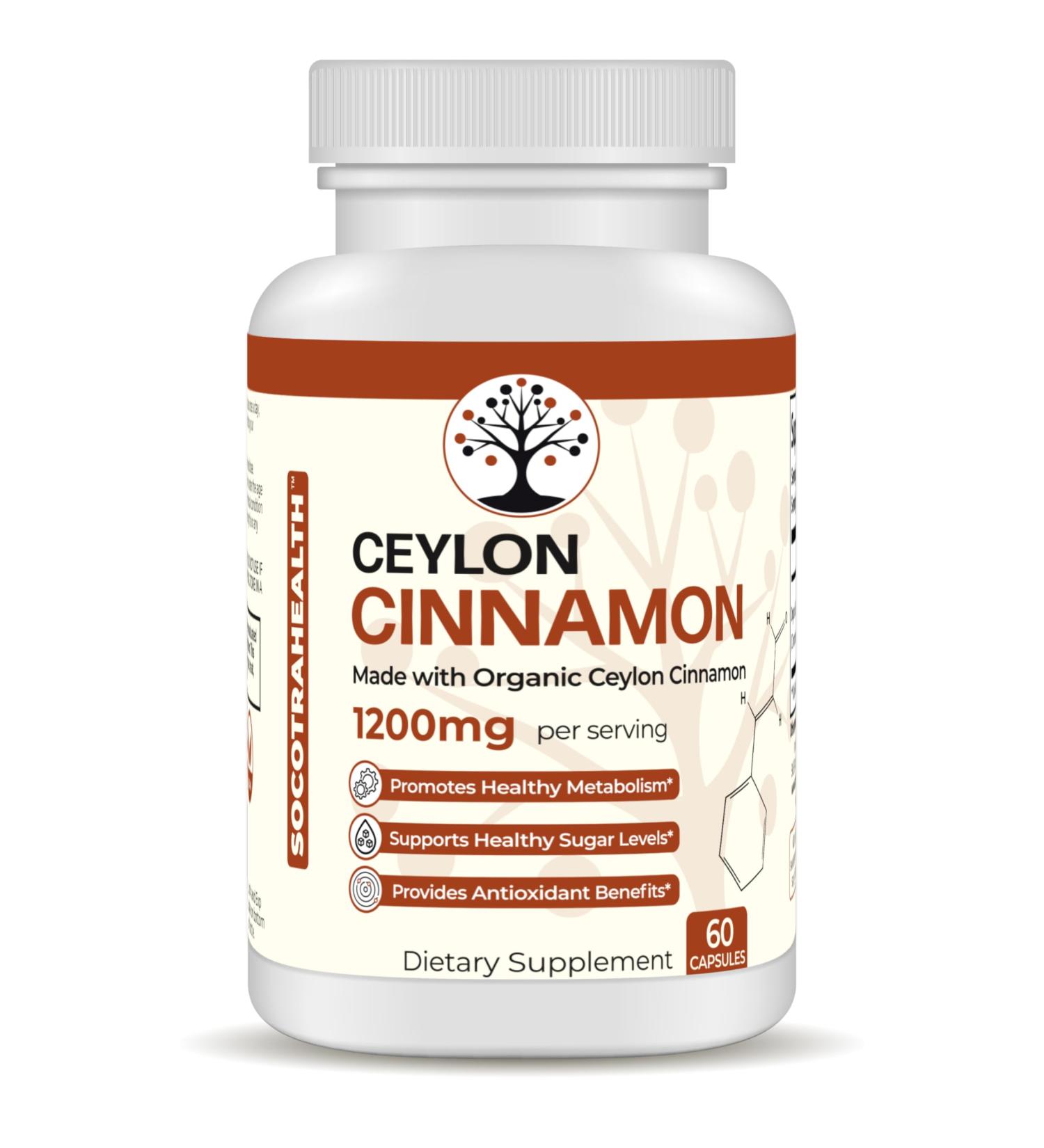 Socotra Health Ceylon Cinnamon - Certified Organic - Non-GMO - Gluten Free - Supports Healthy Metabolism - Antioxidant Benefits - Natural Energy Supplement - 60 Vegan Capsules - Buy Online on GoSupps.com