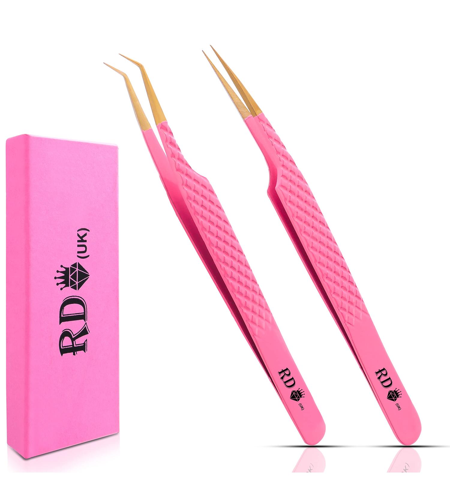 Precision Eyelash Extension Tweezers Set - Straight & Curved | 14cm Pink - 2 Pieces - Buy Online on GoSupps.com