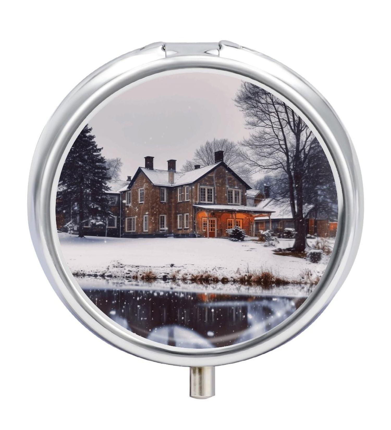 Round Pill Box - Winter Farmhouse Print | 3 Compartment Decorative Metal Pill Organizer | Portable Pocket Medicine Case - Style-27 - Buy Online on GoSupps.com