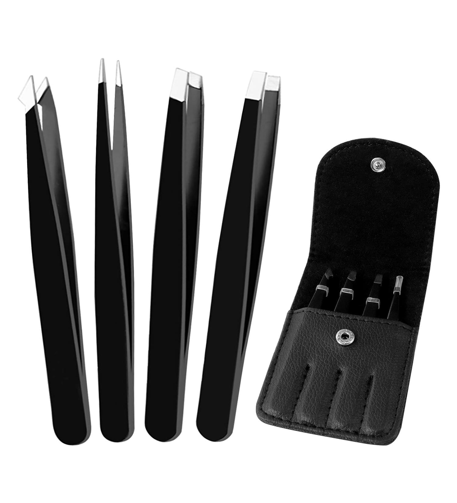 Sularpek 4-Piece Professional Stainless Steel Eyebrow Tweezers Set with Leather Case - Ideal for Ingrown Hair, Eyebrow Plucking, and Facial Hair Removal - Women & Men - Buy Online on GoSupps.com
