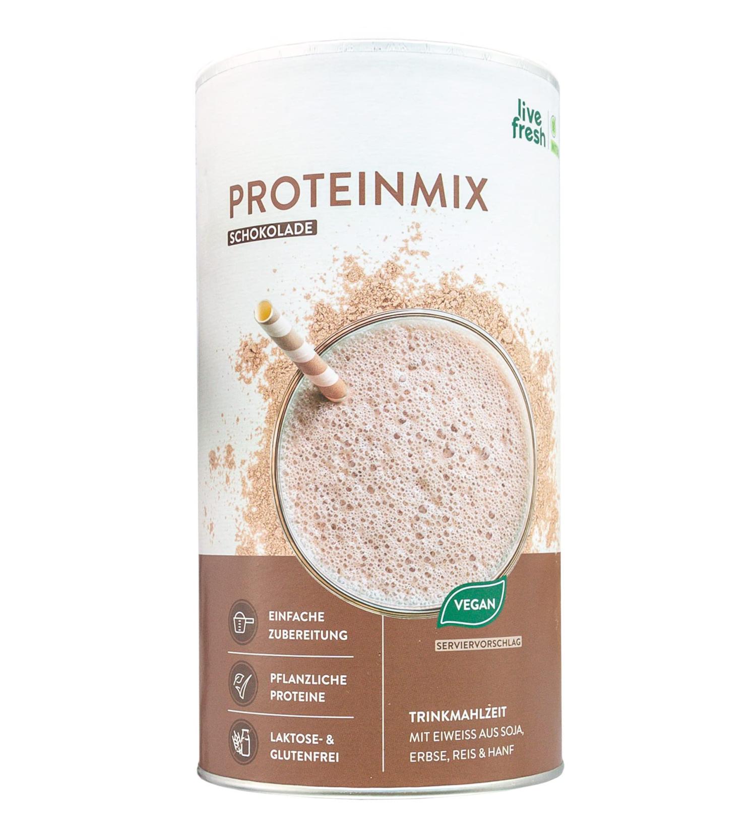 LiveFresh Chocolate Protein Powder (450g) | Vegan Meal Replacement | 29g Protein from Rice Soy Pea & Hemp - Buy Online on GoSupps.com