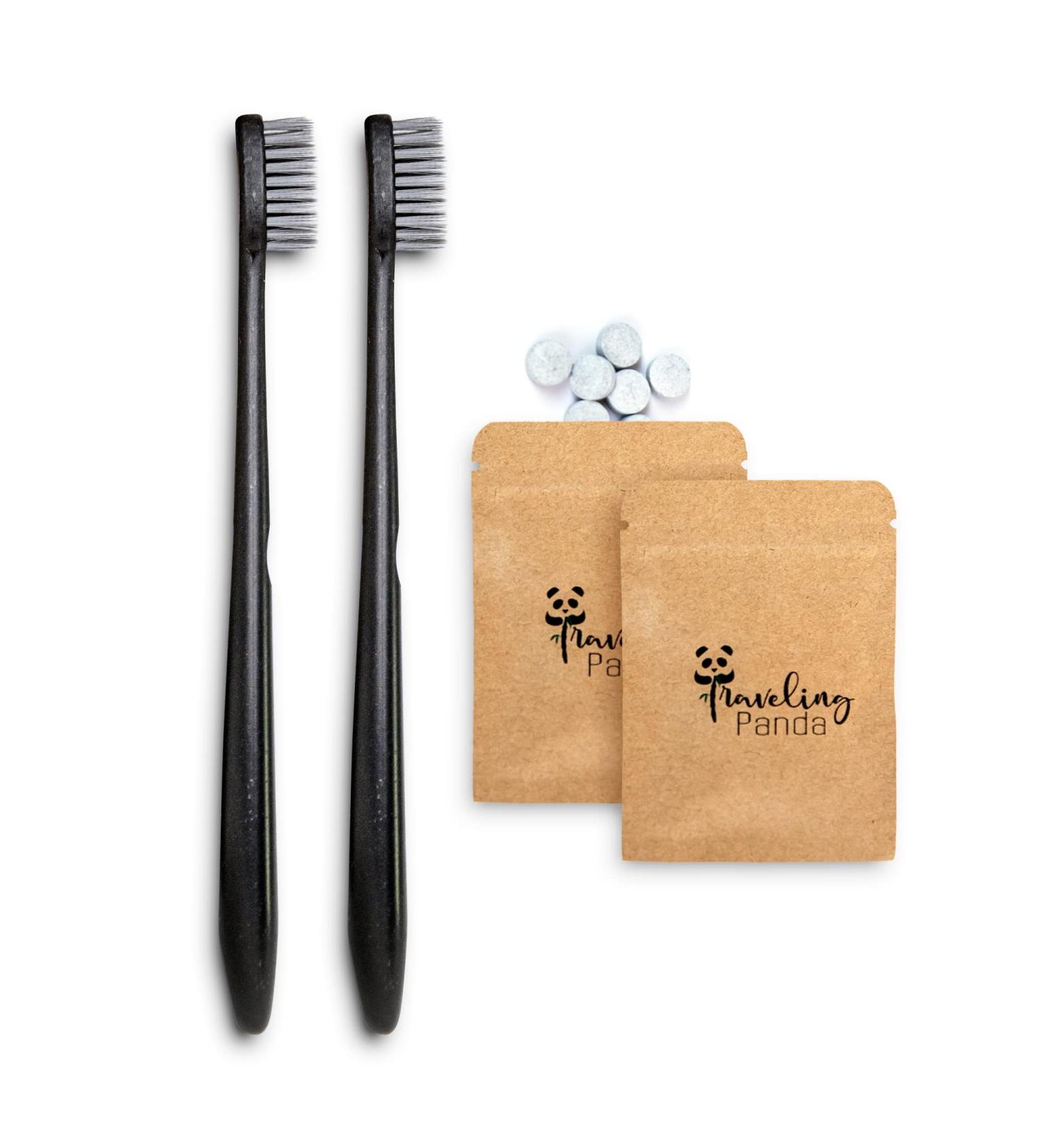 Traveling Panda Wheat Straw Toothbrushes Kit - Charcoal Infused, Soft Bristles, Whitening | Includes 2 Brushes & 40 Charcoal Tabs - Buy Online on GoSupps.com
