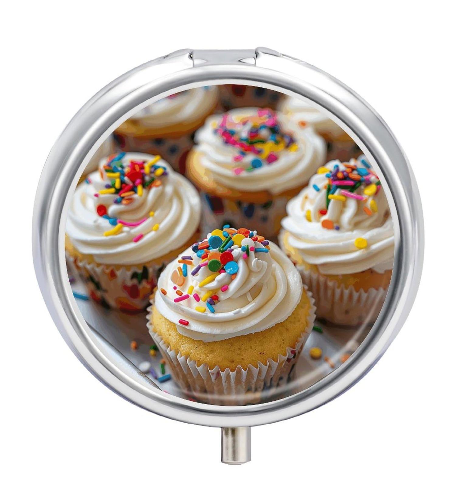 Round 3-Compartment Pill Organizer - Decorative Portable Metal Pill Box with White Icing Print | Perfect Travel Medicine Case - Buy Online on GoSupps.com