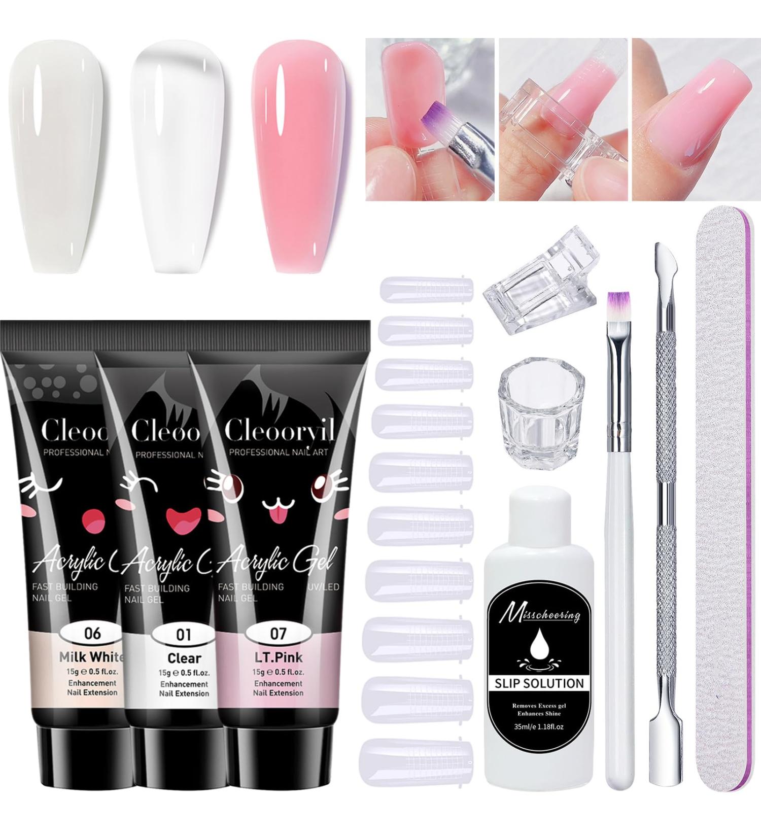 Poly Gel Nail Kit 3 Colors Clear White Pink Builder Nail Gel Set Nail Extension Gel kit 15ML Gel With Slip Solution All-in-one Nail Strengthen Gel Nail Art Kit DIY for Beginners Gifts Set for Women - Buy Online on GoSupps.com