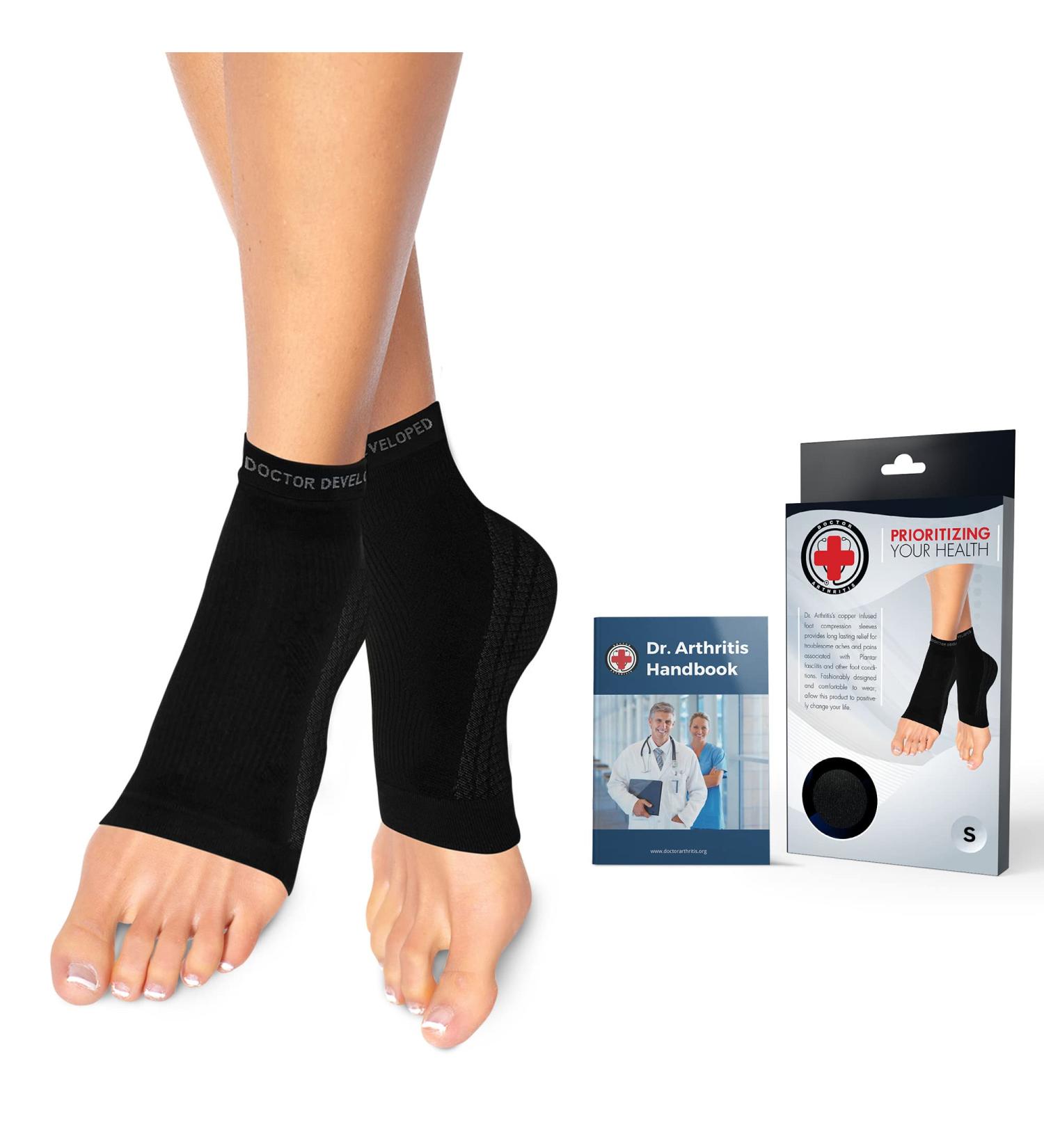 Copper Infused Foot Compression Sleeves for Plantar Fasciitis with Doctor Written Handbook - Black (PAIR) - Buy Online on GoSupps.com