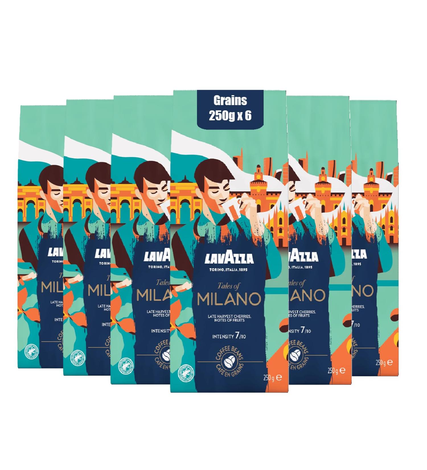 Lavazza Tales of Milano Caf en grains 1.5 kg pour les Machines Caf Automatiques Notes de Fruits Rouges et de Miel Arabica et Robusta Intensit 7/10 Torr faction Claire 6 x 250g