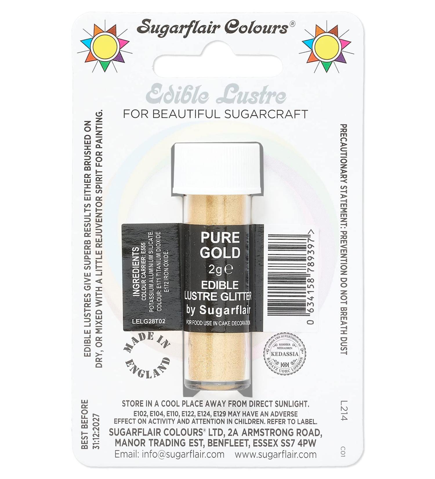 Sugarflair Pure Gold Edible Lustre Glitter Add a Lustrous Shine to Cakes or Decorations. Brush On or Add Rejuvenator to Create Eye-Catching Edible Paint - 2g