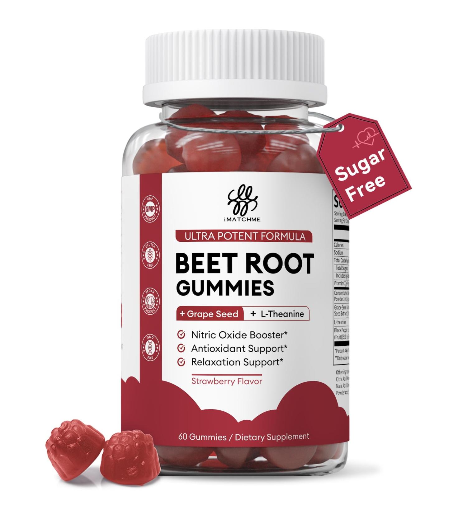 Beet Root Gummies Blood Pressure Support & Mood Support Super Nitric Oxide Beets Supplement with Grape Seed L-Theanine & Vitamin C Sugar-Free Vegan 30:1 Beet Root Extract 60 Strawberry Chews Strawberry 60 Count (Pack  - Buy Online on GoSupps.com