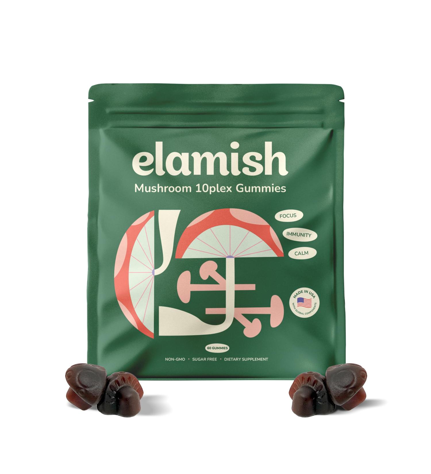 Elamish Mushroom Gummies Focus Immunity & Calm Functional Mushrooms 10 Plex Blend Sugar Free Non GMO Natural Strawberry Flavor Made in USA 60 Count - Buy Online on GoSupps.com