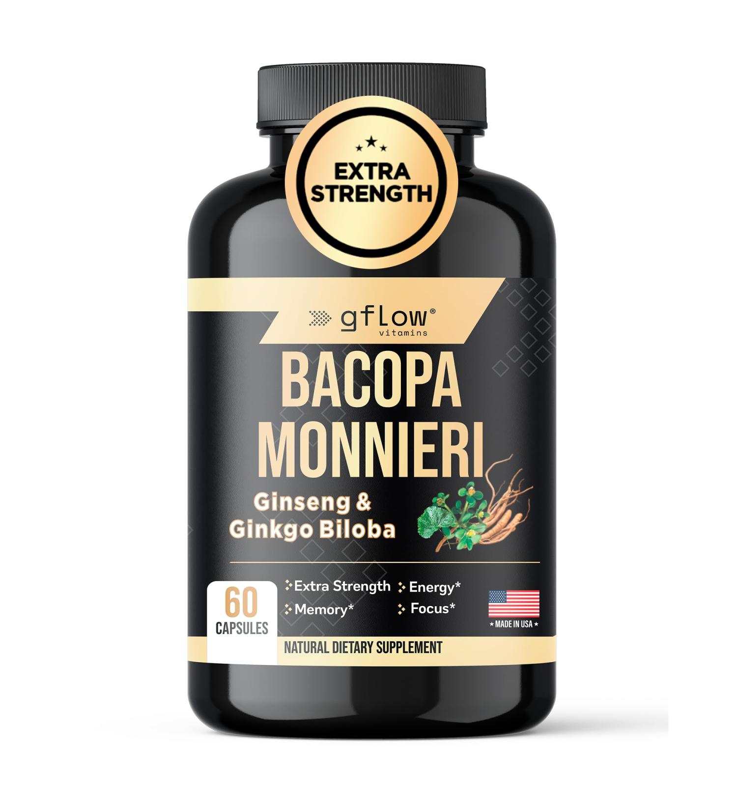 gflow vitamins Bacopa Monnieri Supplement with Ginseng and Ginkgo Biloba | Made in The USA | 60 Capsules, 30 Servings - Buy Online on GoSupps.com