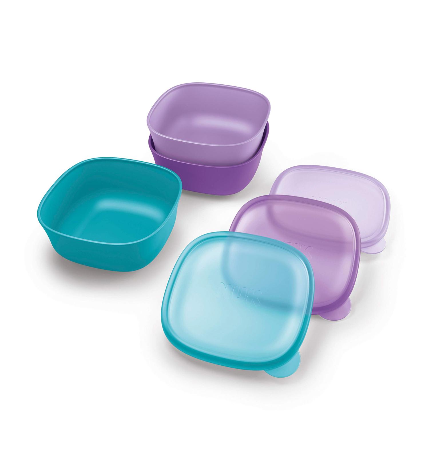 NUK Stacking Bowls Set for 4+ Months - Purple & Teal (3 Bowls + 3 Lids) - Buy Online on GoSupps.com