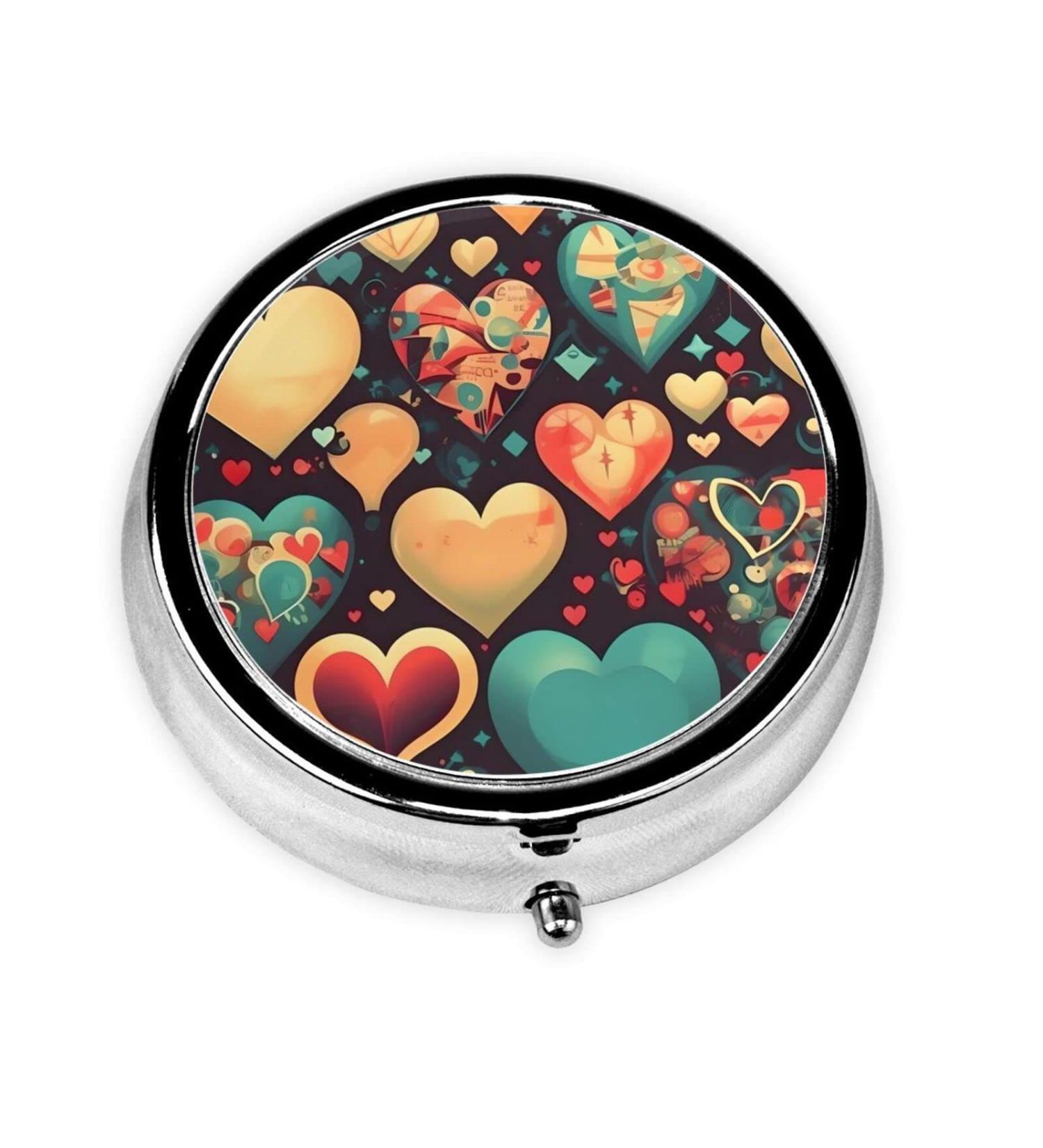Colorful Hearts Round Pill Box Organizer | 3 Compartment Travel Pill Box for Easy Storage - Buy Online on GoSupps.com
