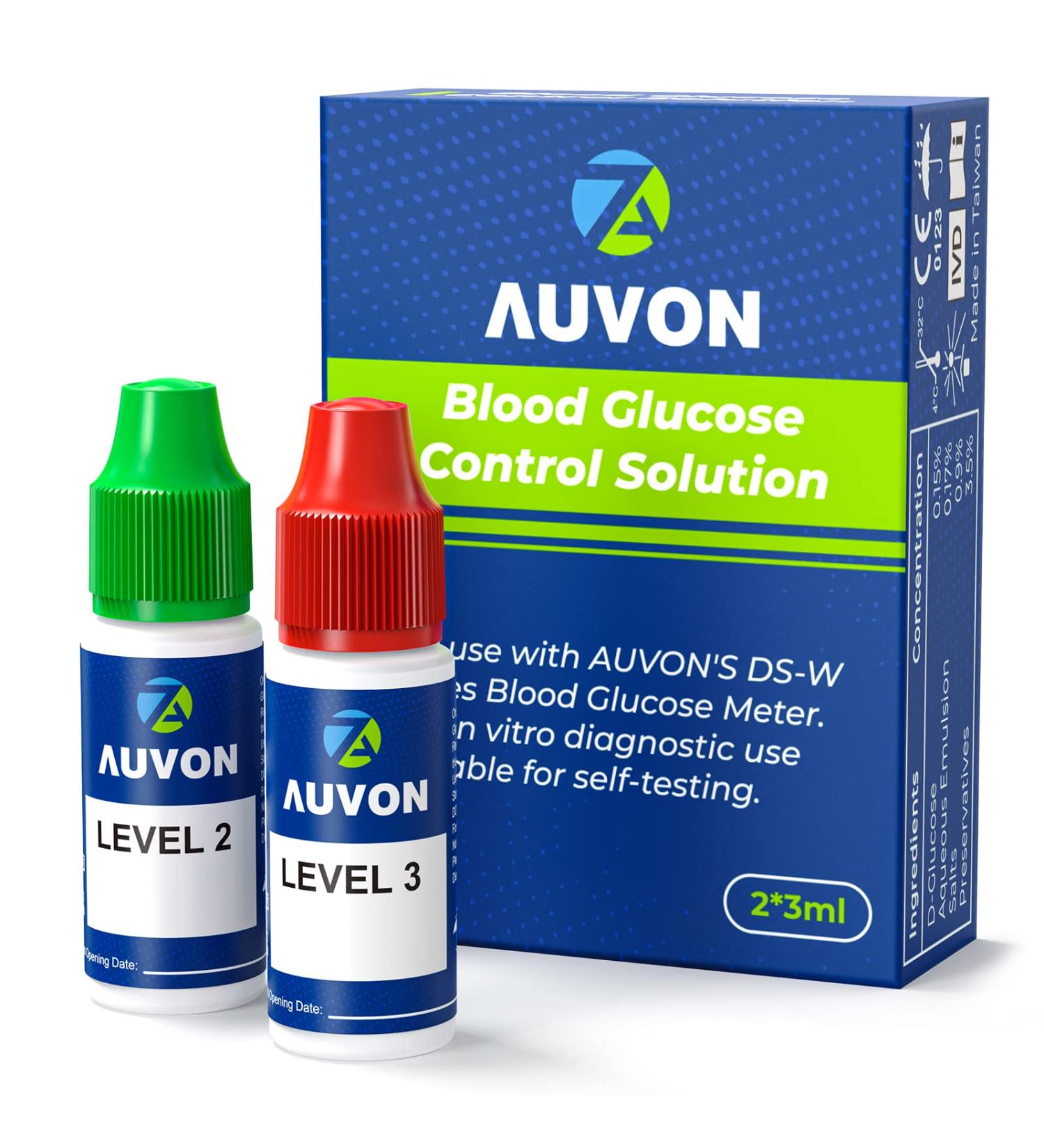 AUVON Blood Control Solution 2 Pack for Glucose Monitor Kit | Level 2 & Level 3 Accurate Diabetes Control | 3ml per Bottle - Buy Online on GoSupps.com