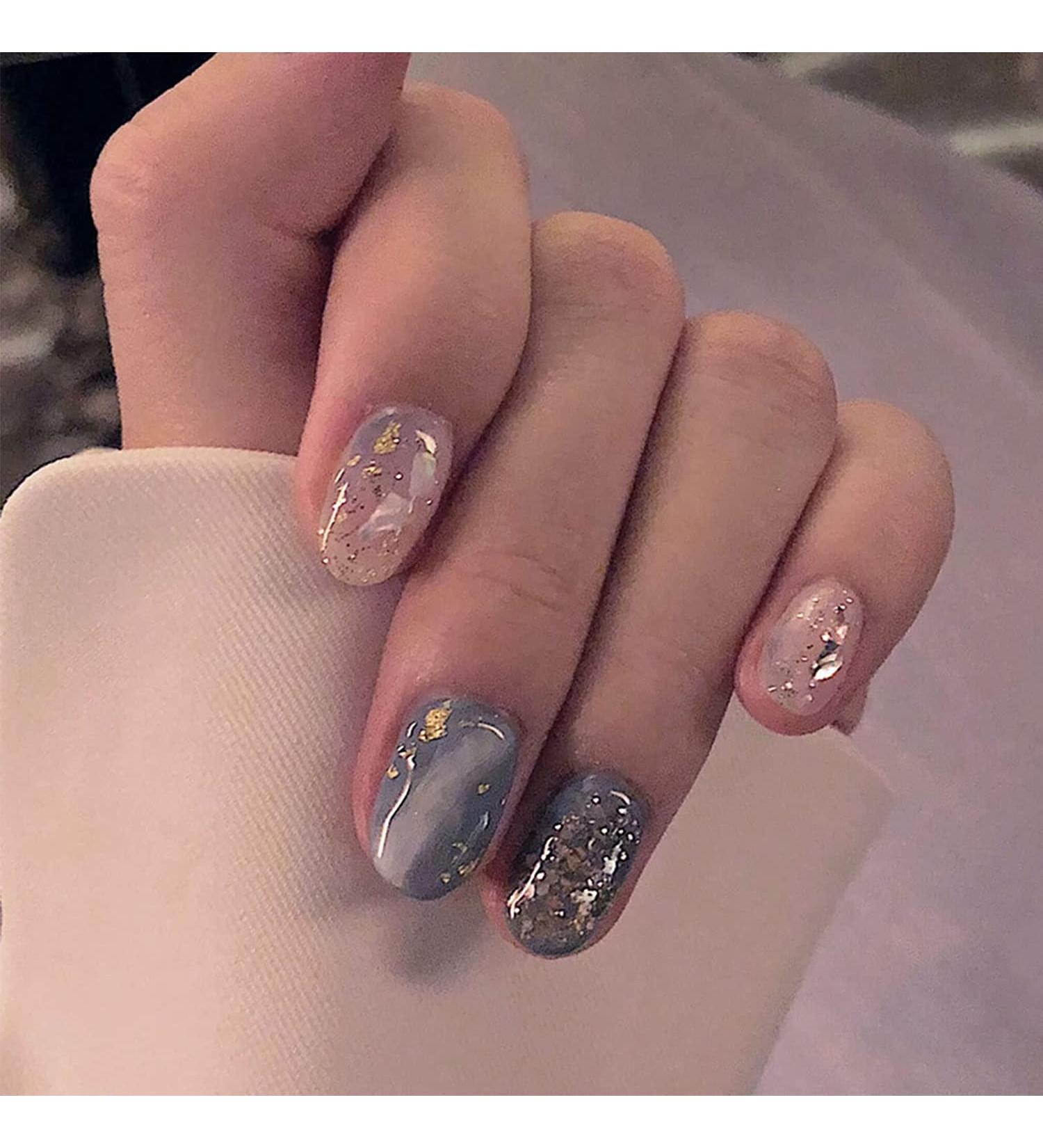 24Pcs Short Square Blue Marble French Tip Press On Nails for Women - Glossy Acrylic Fake Nails with Designs - Buy Online on GoSupps.com
