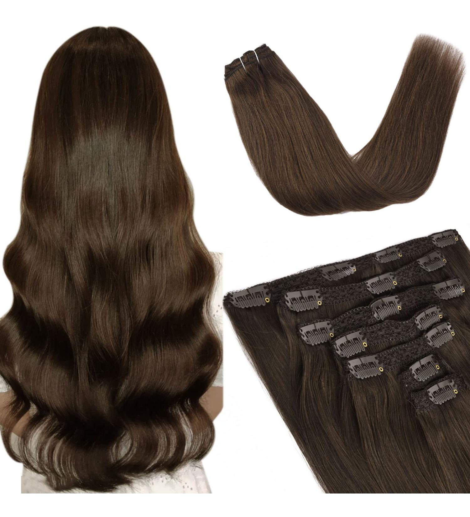 Vlasy Clip in Human Hair Extensions - 14 Inch Brown Seamless 7-Piece Set for Women - Buy Online on GoSupps.com