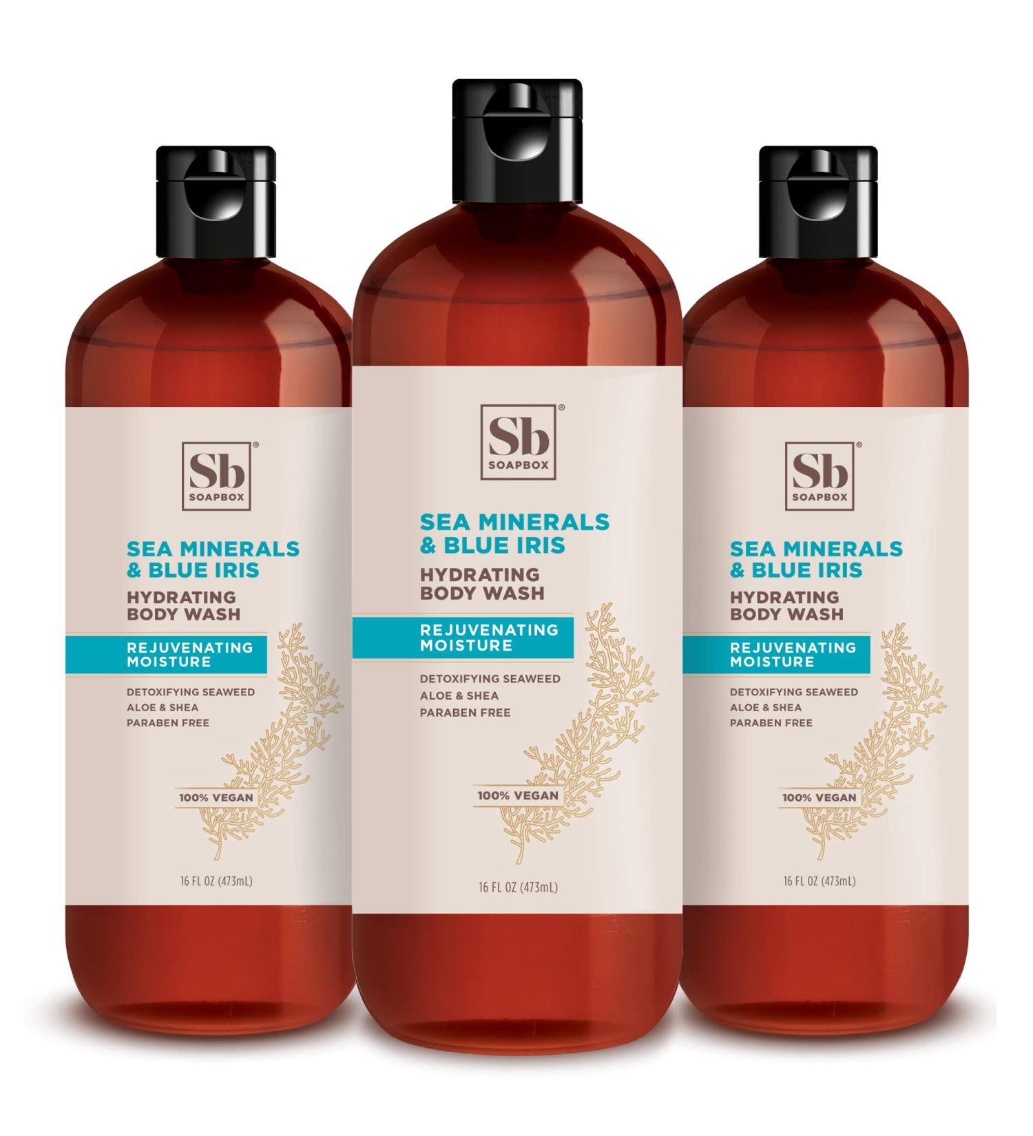 Soapbox Sea Minerals & Blue Iris Body Wash - Moisturizing Cleanser with Aloe Vera & Shea Butter | 16oz Bottles (Pack of 3) - Paraben, Gluten, Silicone Free, Cruelty Free & Vegan - Buy Online on GoSupps.com