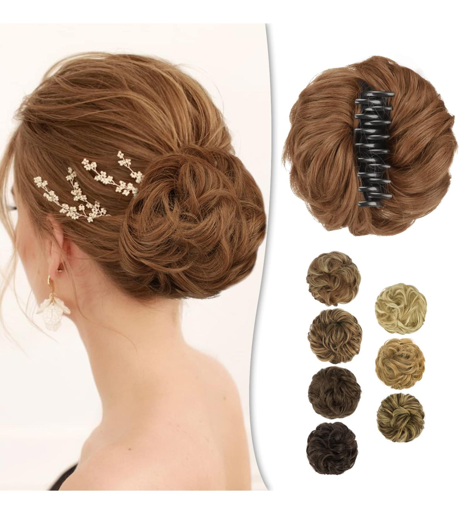 BARSDAR Dark Auburn Blonde Claw Clip Messy Bun Hairpiece for Women - Curly Synthetic Hair Extensions for Ponytail Updo Chignon - Buy Online on GoSupps.com