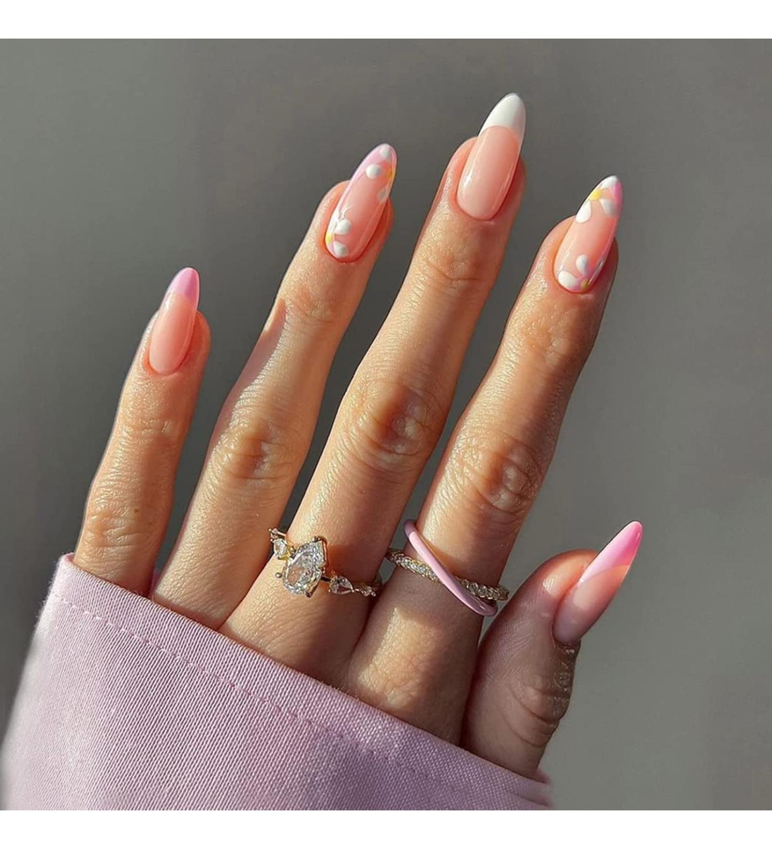 Almond Fake Nails Short 24Pcs White French False Nails with Flower Designs - Nail Art Pink Set for Women - Includes Nail Glue - Press On Nails for Girls - Buy Online on GoSupps.com