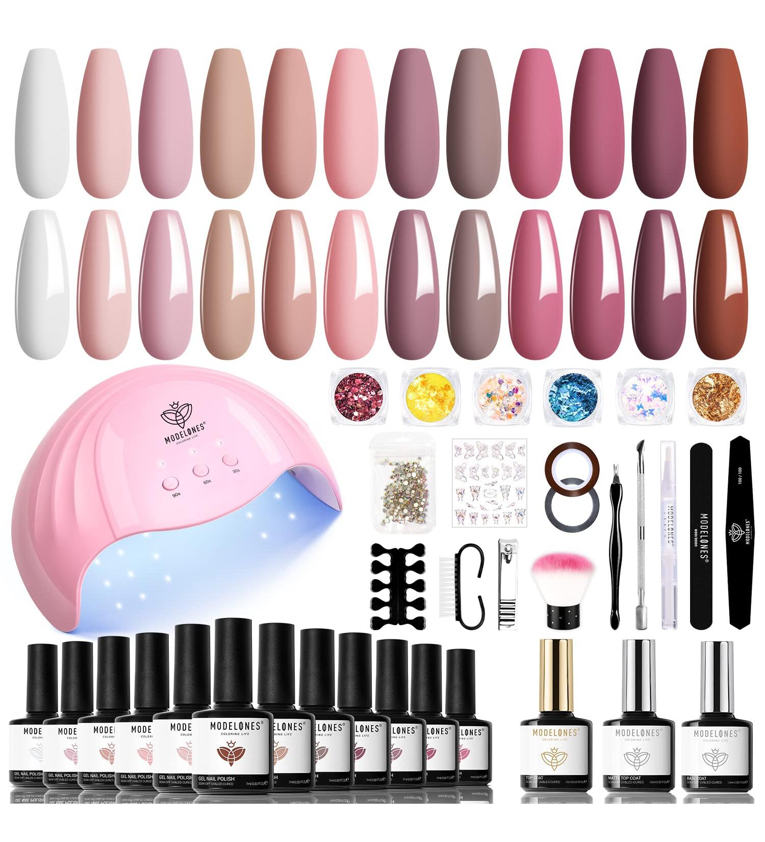 Modelones Gel Nail Polish Kit with 48W UV Light Dryer - 12 Nude Pink Neutral Colors, Glossy & Matte Top/Base Coat, Manicure Tools, Nail Art Decorations - DIY Salon Gift - Buy Online on GoSupps.com