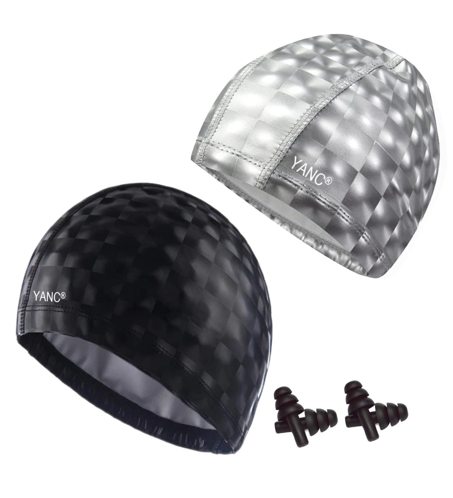 Buy Yanc Unisex Waterproof Bathing Cap with Earplugs | Soft PU Swimming Cap for Men Women & Girls | Bling Silver & Black Options | International Shipping Available - Buy Online on GoSupps.com