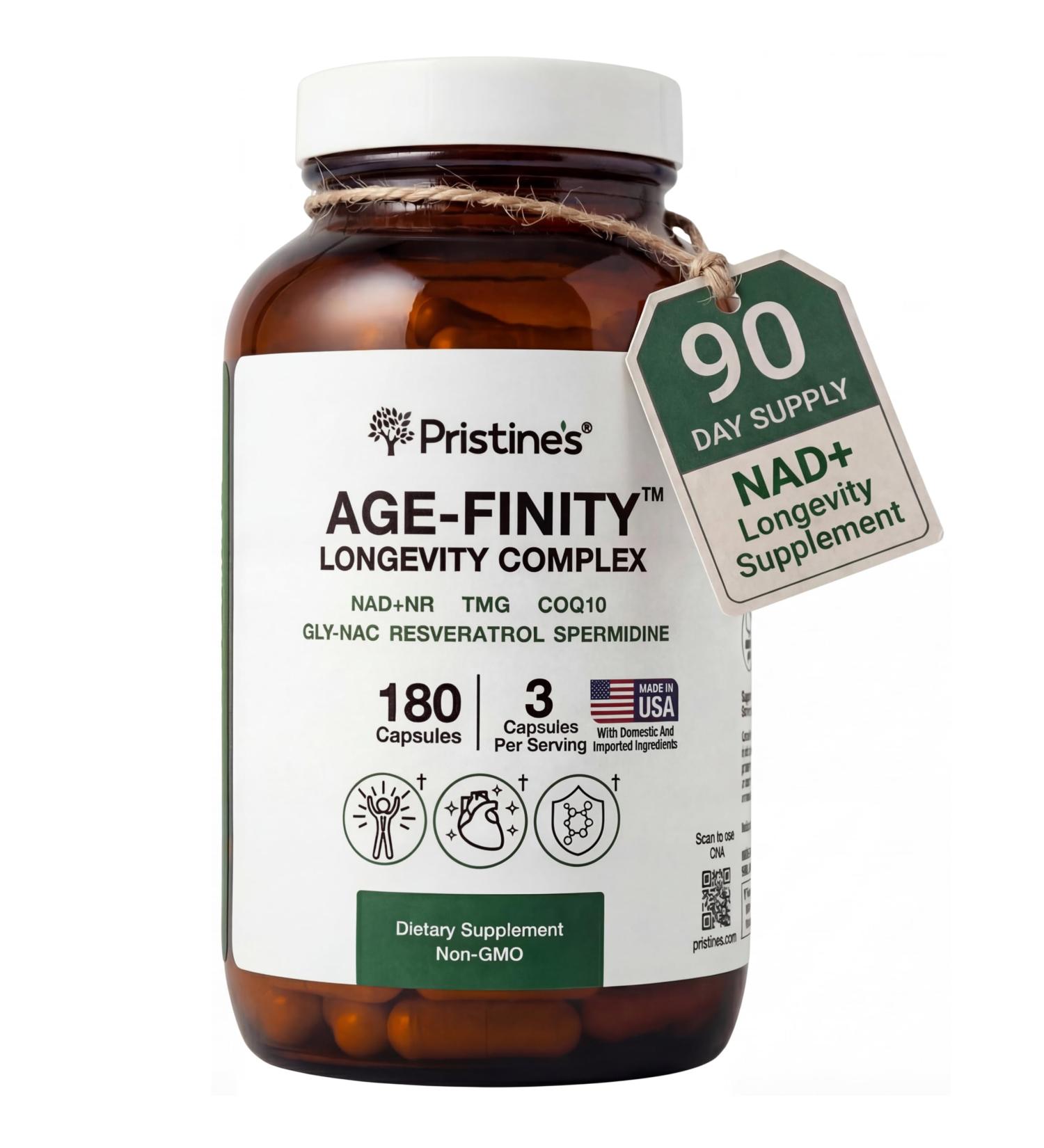 PRISTINE'S Age Finity NAD+ Cellular Optimzation Supplement - NAD NR TMG CoQ10 GlyNAC Resveratrol Spermidine - Cellular Energy & Anti Aging Support - Third Party Tested Made in USA Non-GMO - Buy Online on GoSupps.com